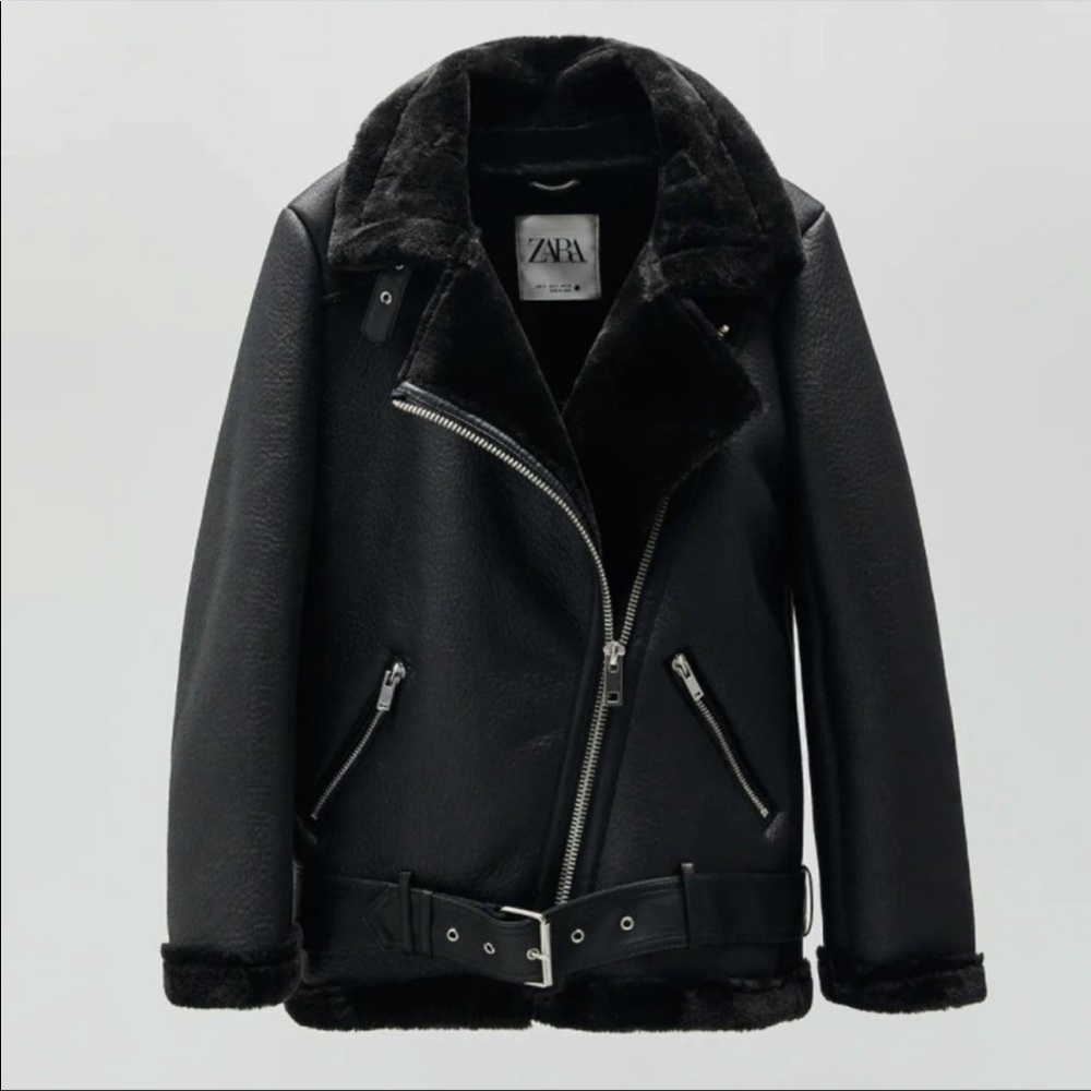 ZARA leather jacket faux fur double lined